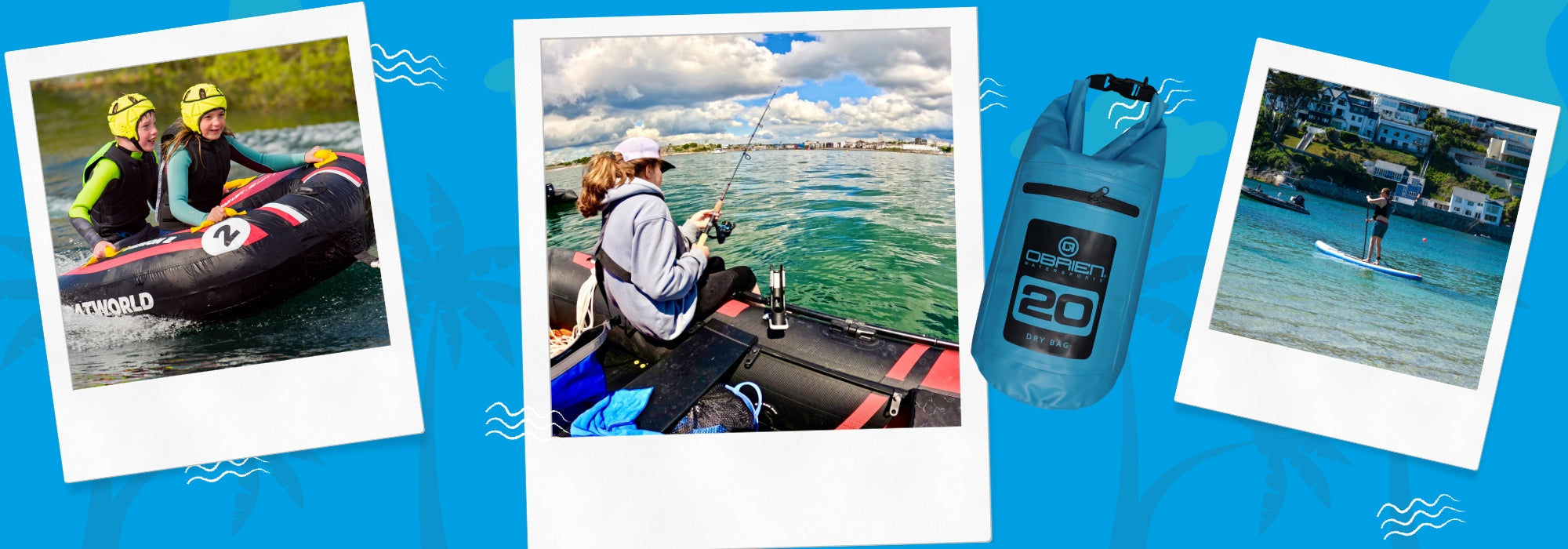 Collage-style banner with a bright blue background featuring four images: two children riding a black Boatworld towable tube, a person fishing from a black and red small inflatable boat, a blue O'Brien 20L dry bag, and a woman paddleboarding in clear shallow water near a coastal village. The layout mimics polaroid snapshots for a summer-themed photo competition.